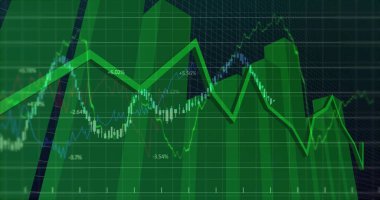 Yeşil çubuklar, yüzdeler ve ızgara kaplamalarıyla pazar terminalinde dalgalanan çizgi grafiği gösteriliyor. Analizler, veri görselleştirme, finans, teknoloji, dijital arayüz, yatırım, performans