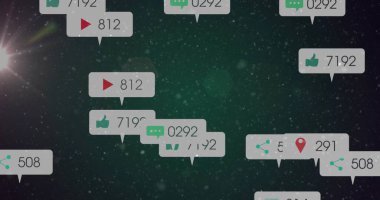 Kozmik zemin üzerinde yüzen bildirim baloncukları, baş parmaklar yukarı, sohbet simgeleri ve sayımlar. Dijital, fütüristik, soyut, teknoloji, arayüz, veri, yenilik