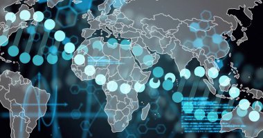 Outlined world map showing markers hex grid in digital interface, linking lines arrows code panels. Technology, big data, analytics, visualization, digital interface, information network, cyber