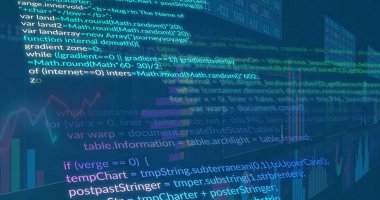 Displaying central code on computer screen, with multicolor bar chart and translucent data panels. Technology, analytics, data visualization, programming, dashboard, software development, digital interface
