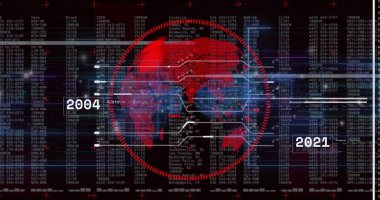 Sanal gösterge panelinde HUD tarafından çevrelenmiş kırmızı dünya haritası gösteriliyor, zaman çizelgesi yıl ve kodla. Gelecekçi, teknoloji, veri görselleştirme, dijital, arayüz, gösterge paneli, siber güvenlik