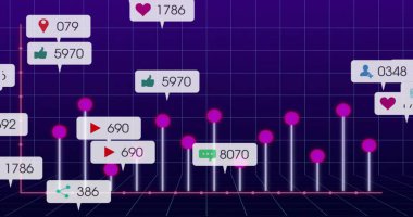 Displaying social media analytics chart with rising bars, spheres, icon callouts on purple grid. Futuristic, digital, interface, visualization, neon, technology, data