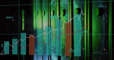 Yeşil ışıklı rafların üzerindeki ızgaraları kaplayan veri görselleştirme çubukları ve çizgi grafikleri gösteriliyor. Teknoloji, analitik, finans, dijital, fütüristik, yenilik, gösterge paneli