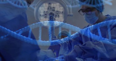 Surgical team in blue gowns performing surgery in operating room, with light and DNA helix graphic. Medicine, healthcare, innovation, teamwork, clinical, precision, sterile