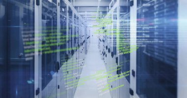 Featuring center aisle showing server cabinets in data center corridor, with hologram code overlay. Technology, data, cybersecurity, infrastructure, digital, innovation, network