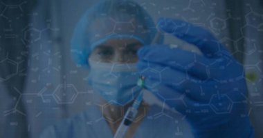 Holding medical researcher wearing scrubs mask gloves preparing syringe in lab, molecular overlay. Healthcare, science, innovation, technology, precision, laboratory, professionalism