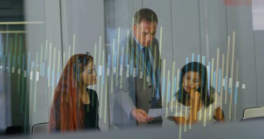 Leaning man in gray suit presenting paper to colleagues at conference room, with bar chart overlay. Corporate, teamwork, presentation, analytics, professional, collaboration, modern