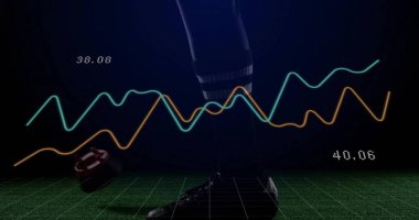 Showing athlete leg in striped sock, cleat on green grid floor, with sensor, graphs and metrics. Performance, analytics, sportswear, biomechanics, digital, fitness, training