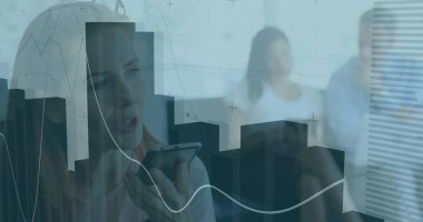 Speaking into smartphone, daughter holding phone in living room with chart overlays, copy space. Technology, finance, communication, domestic, contemporary, analytical, teamwork