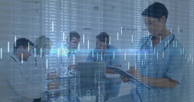 Medical team in scrubs, coats analyzing data overlay on glass table in meeting room, with laptops. Healthcare, collaboration, analytics, research, professionalism, diagnostics, teamwork