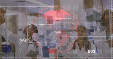 Collaborating researchers sketching diagrams with marker on glass board in lab, with notebook pen. Science, innovation, teamwork, technology, modern, experimental, analysis