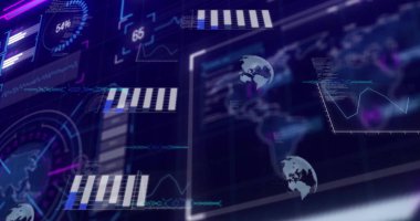 Karanlık arkaplanda veri gösterimi, gösterge, ölçü, grafik ve grafikler, küreler, okumalar, kodlar. Teknoloji, yenilik, analitik, görselleştirme, dijital arayüz, ağ