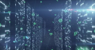 Parlayan sunucu raflarını genişleterek yüzen yeşil simgeler ve çizgilerle veri merkezi koridoru oluşturuyorlar. Fütürist, teknoloji, dijital, siber, dalgın, ağ, yenilik