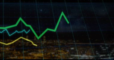 Bulanık şehir siluetinin üzerinde yeşil, açık mavi ve sarı çizgileri takip eden neon-mavi ızgara görüntüleniyor. Teknoloji, veri görselleştirme, analitik, fütüristik, dijital, yenilik, iş zekası