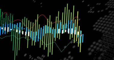 Arabirimde yeşil-mavi-beyaz çizgiler, kırmızı-açık-yeşil çizgi grafikleri, noktalı dünya haritası gösteriliyor. Veri görselleştirme, finansal analiz, dijital arayüz, pazar analizi, ekonomik veri, teknoloji, kurumsal