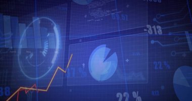 Vurgulanmış kama ve turuncu çizgi grafiğiyle mavi pasta grafiğini gösteren dijital gösterge paneli. Analizler, veri görselleştirme, finansal ölçümler, dijital arayüz, gösterge paneli, bilgi teknolojisi, iş zekası