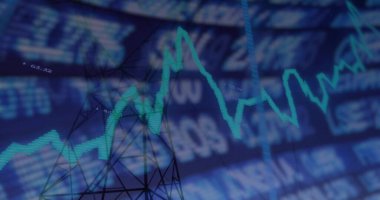 Konsol üzerinde dalgalanan su renginde çizgi grafiği gösteriliyor, kalp ve kafes ızgarası ile. Teknoloji, analitik, dijital, veri görselleştirme, finans, ağ, soyut