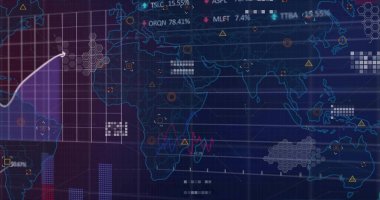 Gösterge panelinde ızgara, grafikler, altıgen kümeleri ve sayısal etiketlerle dijital dünya haritası gösteriliyor. Teknoloji, analitik, veri, panel, arayüz, görselleştirme, gelecekçilik