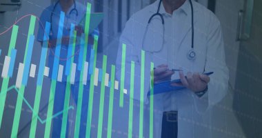 Walking doctor duo reviewing overlay in hospital hallway, with tablet clipboard and stethoscopes. Medical, collaboration, technology, healthcare, analysis, professional, diagnostic