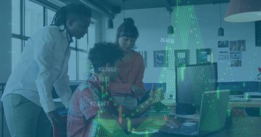 Collaborating three colleagues exchanging feedback around desk in office, with laptops and phone. Collaboration, teamwork, modernism, creative, productivity, professional, communication