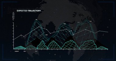 Displaying layered 3D mesh area chart and white line graph in virtual analytics dashboard. Futuristic, data, visualization, analytics, virtual, technology, interface