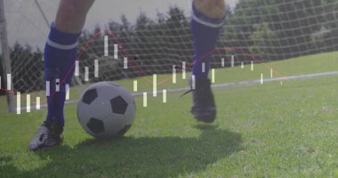 Aligning legs around soccer ball on pitch near goal net, showing candlestick bars and line graphs. Athletic, fitness, outdoors, performance, competition, data visualization, progress