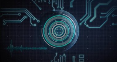 Showing semitransparent globe with HUD rings floating on grid: circuits, waveform, star points. Futuristic, technology, interface, data, digital, cyber, innovation