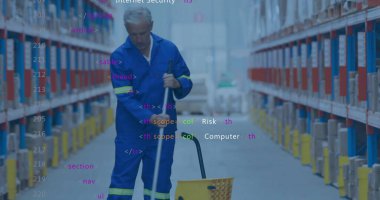Mopping custodian guiding mop into yellow wringer bucket in warehouse aisle, with code overlay. Industrial, maintenance, cleanliness, organization, technology, reflective, modern