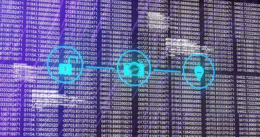 Mavi asma kilit, araba ve fabrika simgeleriyle mor sayısal ekran görüntüleniyor. Teknoloji, siber güvenlik, lojistik, veri görselleştirme, dijital arayüz, fütürizm, endüstriyel