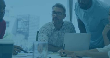 Manager in checkered shirt and team discussing documents in meeting room near window, with laptop. Collaboration, brainstorming, teamwork, corporate, modern, professional, strategy