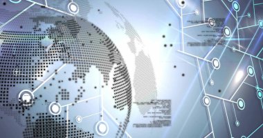 Dotted globe rotating in virtual interface, with circuit lines and floating code, copy space. Technology, connectivity, cyberspace, innovation, digital, network, futurism