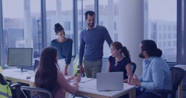 Collaborating five professionals reviewing architectural floor plan display in office, safety vest. Collaboration, teamwork, urban, modern, architecture, planning, corporate