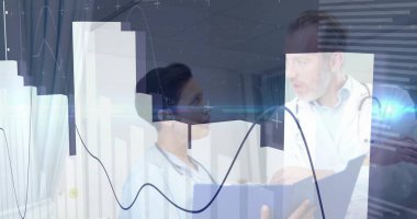 Doctor wearing stethoscope examining digital chart overlays in exam room, nurse holding file folder. Medical, healthcare, technology, professional, analysis, diagnostic, clinical