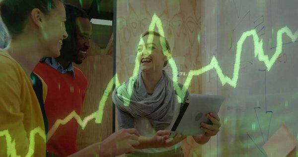 Three professionals in work attire collaborating in boardroom, with tablet and chart on whiteboard. Collaboration, teamwork, analytics, innovation, modern, corporate, technology