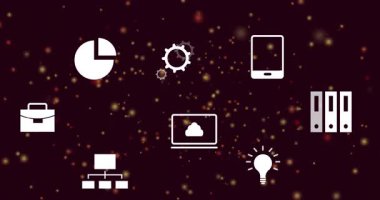 Sürüklenen kehribar parçacıkları sekiz beyaz simgeyi başlatıyor. Soluk darbeler dönüyor, iş akışını gösteriyor. Teknoloji, yenilik, veri, dijital, bağlantı, analiz, iş