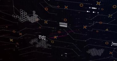 Koyu renk tuval veri ağında simge şeritlerini birbirine bağlayan çubuklar açılıyor ve finansmanı görselleştiriyor. Fütürist, dijital, soyut, teknoloji, analitik, görselleştirme, modern