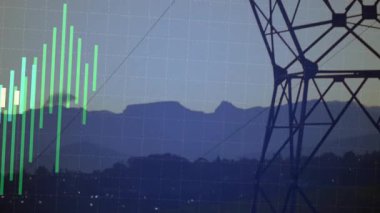 Şebeke üzerinde büyüyen çubuklar, eğilim çizgisi ve dalga boyu animasyonları, enerji verilerini gösteren kule yükselişi. Veri görselleştirme, enerji altyapısı, dijital analitik, teknik illüstrasyon, endüstriyel tasarım, çevresel sürdürülebilirlik, soyut