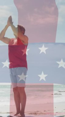 Hollandalı Antiller bayrağını sahilde meditasyon yapan mutlu çiftin canlandırması. Yaşam tarzı, spor, vatanseverlik ve refah konsepti dijital olarak oluşturulmuş video.