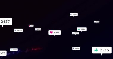 Yüzen kalp üreme rozetleri, değişen sayılar, büyümeyi gösteren kırmızı-mor izler arasında kayboluyor. Dijital, animasyon, sosyal, katılım, dinamik, geleceksel, teknoloji