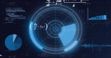 Canlandırmada merkezi tarama çarkının saat yönünde dönmesini başlatın, veri çizelgeleri metrik görüntülemek için güncelleniyor. Teknoloji, veri görselleştirme, dijital arayüz, fütürizm, analitik, sibernetik, yenilik