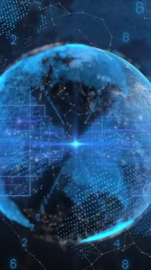 Işık lekesi ve ışık yollarının animasyonu dönen dünyanın üzerinde siyah arkaplana karşı. Küresel ağ ve iş teknolojisi kavramı