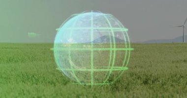 Çimenler üzerinde ortaya çıkan dünya dönen kod türbinleri yükselen atımlar görselleştiren enerji. Gelecekçi, dijital, yenilenebilir, çevre dostu, yenilikçi, çevresel, teknolojik