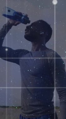 Animation of connecting dots over african american fit man pouring water on his face outdoors. Sports and fitness technology concept