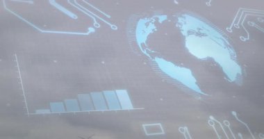 AR etkinleştirildiğinde yükselen çubuklar ve dönen dünya haritası rüzgar türbini verileri. Gelecek, teknoloji, yenilik, görselleştirme, sürdürülebilirlik, manzara, çevre