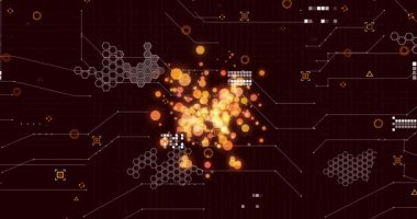 Merkezde parlama kümesi beliriyor, altıgen düğümlerini açıyor ve veri akışı için hedefleri vuruyor. Fütürist, dijital, soyut, teknoloji, ağ, siber, canlı