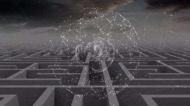Kahverengi gökyüzü ve labirent üzerindeki bağlantıların ve dünyanın animasyonu. küresel ağ, bağlantılar, iletişim ve teknoloji konsepti dijital olarak oluşturulmuş video.