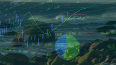 Dalgalar kıyıya vururken, yeşil grafik şamdan çubuklarını yukarı çekerken, pazar verilerini görselleştiriyor. Deniz manzarası, analitik, görselleştirme, modern, dijital, kurumsal, dinamik