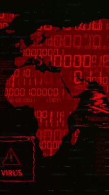 Kırmızı ikili kodlu virüs uyarılarıyla dijital dünya haritasının animasyonu. Siber güvenlik, teknoloji, ağ, veri, küresel, tehdit