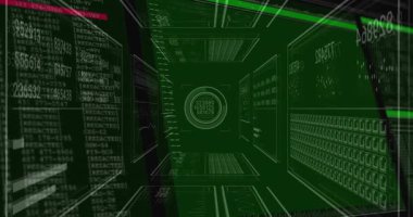 Kablo çerçeve koridoru yeşil kaplama dolduruyor, paneller güncelleniyor ve HUD titreşimli görüntüleyici. Fütürist, sibernetik, teknoloji, dijital, dalgın, sanal, veri