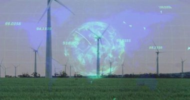 Rüzgar türbinlerinin üzerinde beliren şebeke örtüsü, azalan sayısal etiketler, hafif ark tarama ağı verileri. Yenilenebilir enerji, dijital görselleştirme, gelecekçi, çevre dostu, teknoloji, veri analizi, sürdürülebilirlik